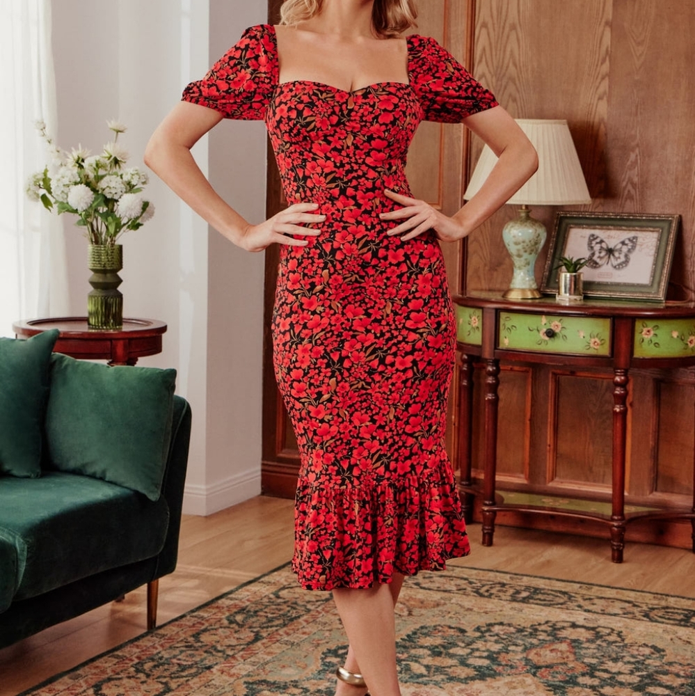 Lait Collection Carmen Puff Sleeve Stretch Midi Dress Size L